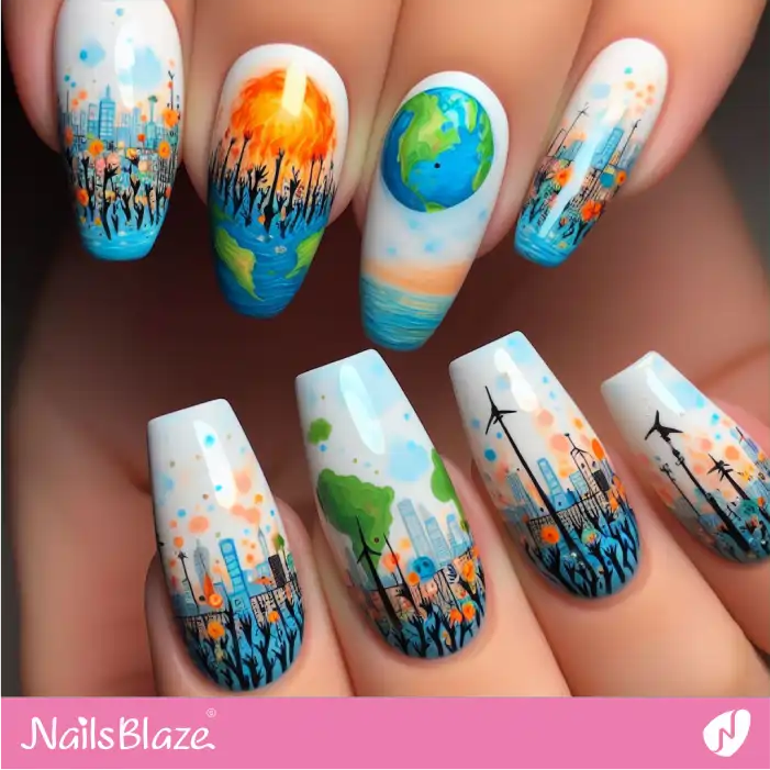 Rising Heat and Floods in Cityscapes Nail Design | Climate Crisis Nails - NB2664